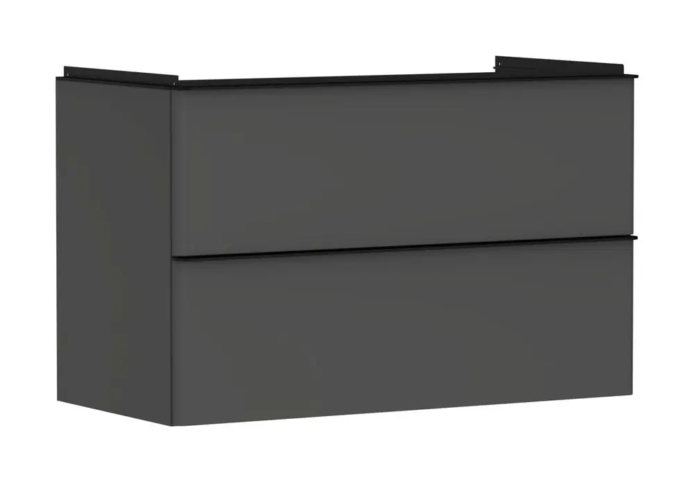 Waschtischunterschrank in diamantgrau mit zwei Schubkästen. Das schlichte Design ist typisch für Produkte von Hansgrohe und eignet sich für moderne Badezimmer.